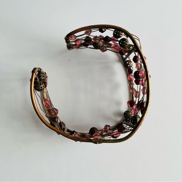 Wire Cuff Bracelet with Pink and Brown Beads - Picture 10 of 16